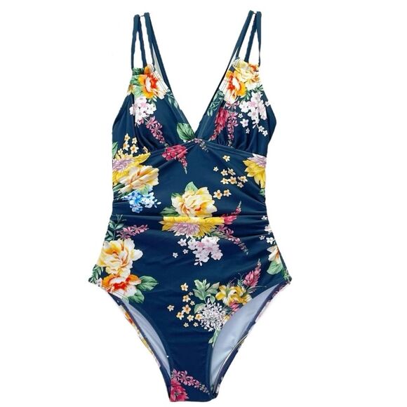 NWT Cupshe Tropical Floral Cutout One Piece Swimsuit Navy Pink Yellow Size XS - Picture 2 of 15